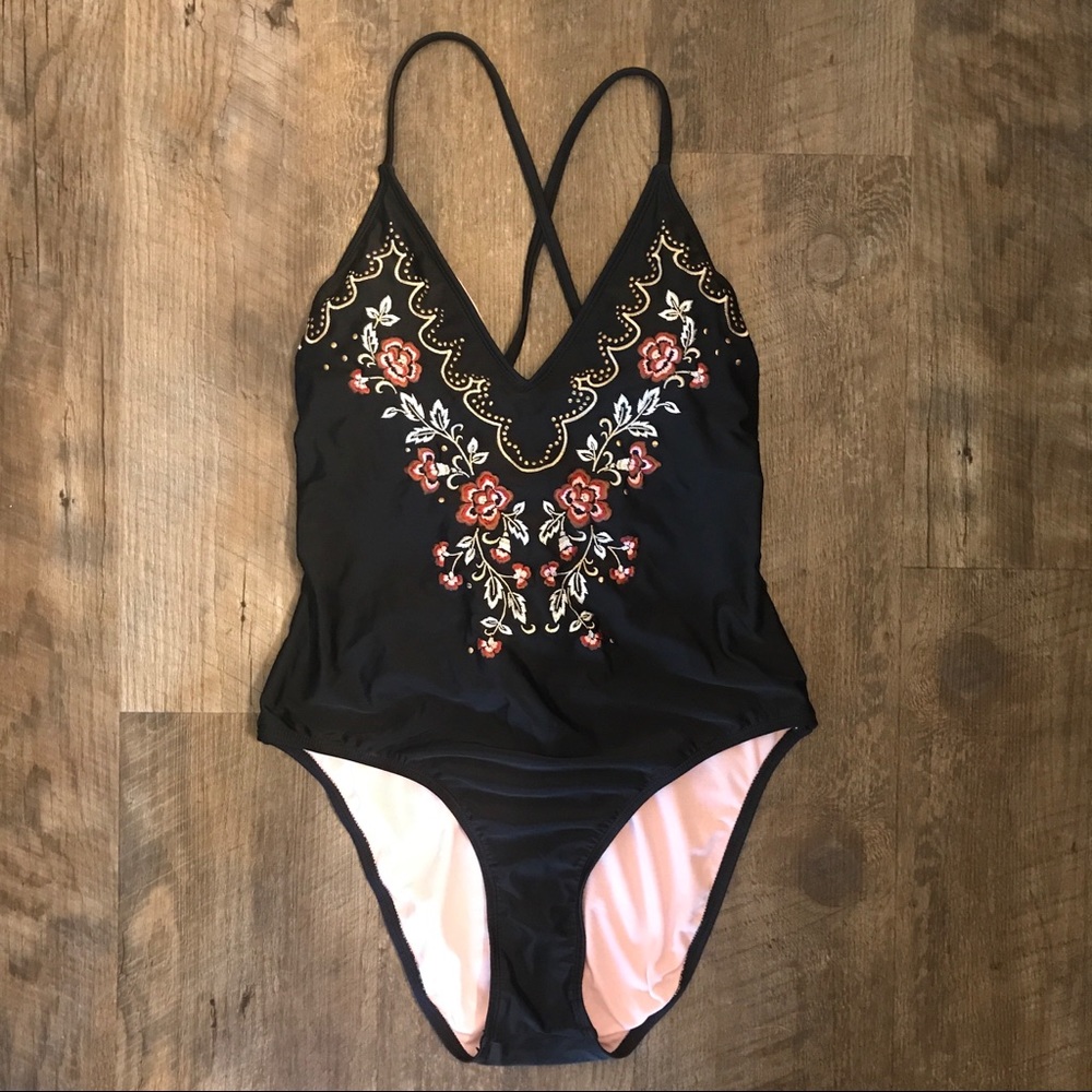 Embroidered Criss-cross One-piece